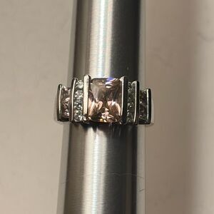 Silver Tone Square Cut Light Pink and clear crystal statement cocktail ring 7